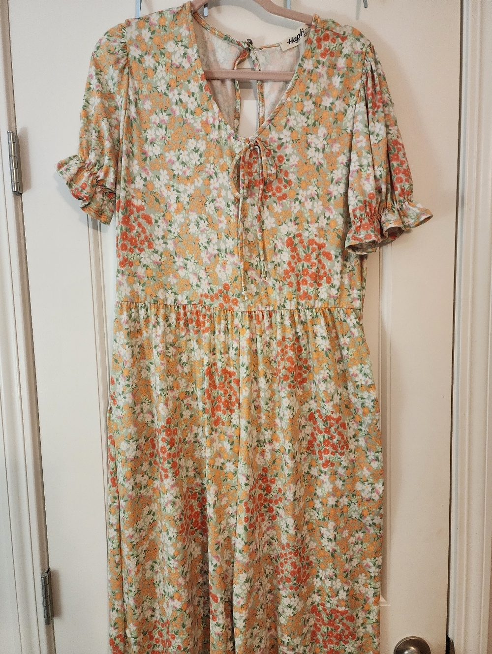 Haptics Floral Tie-Front Romper Yellow Peach Cream Floral 1X Cottagecore Summer